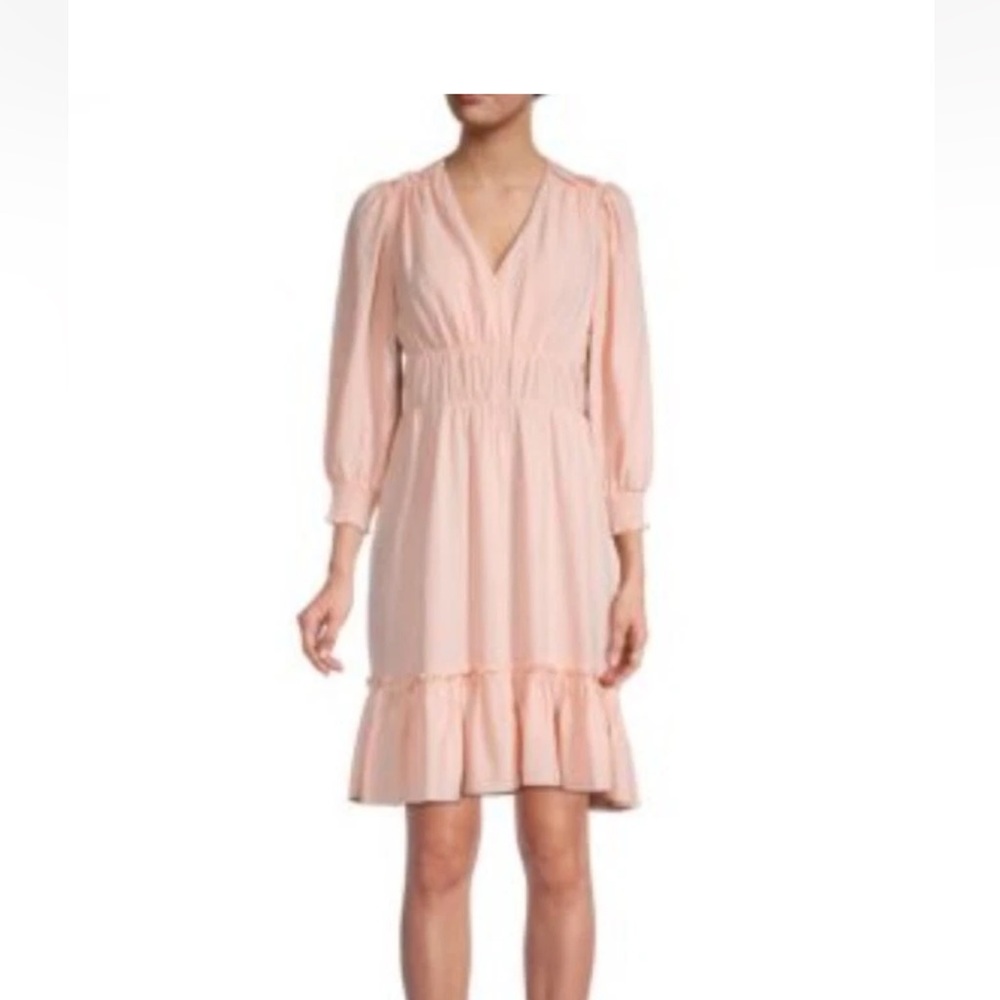 Calvin Klein Pink Long Sleeve V Neck‎ Midi Dress Ruffle Hem Casual
